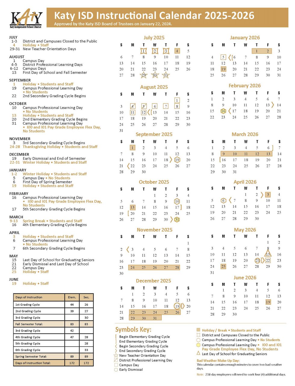 The Katy ISD 2025-2-26 Instructional Calendar