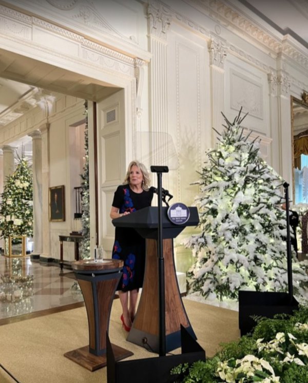 First Lady Jill Biden speaks to volunteer decorators at the White House.